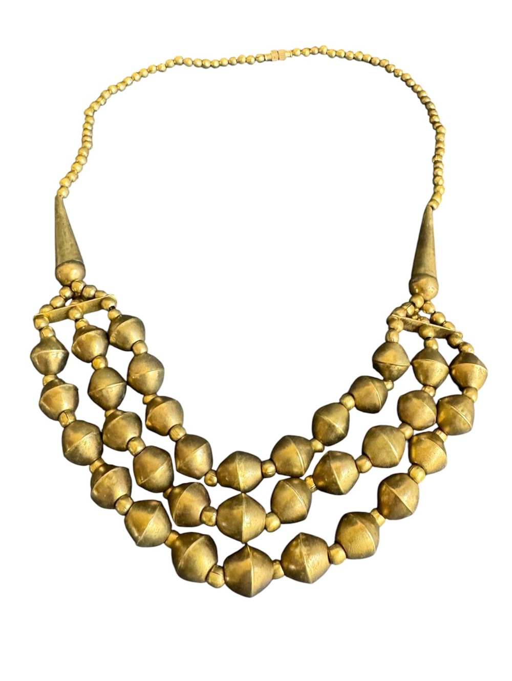 Vintage Tribal Necklace Chunky Brass Statement Triple Strand Ethnic Beaded 20"